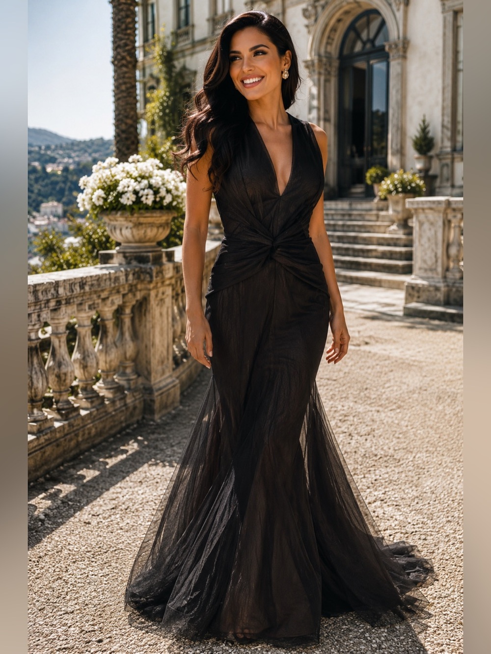 ⚫️🐞Vera Wang Chocolate Brown V-Neck Tulle Maxi Dress - Picture 16 of 16